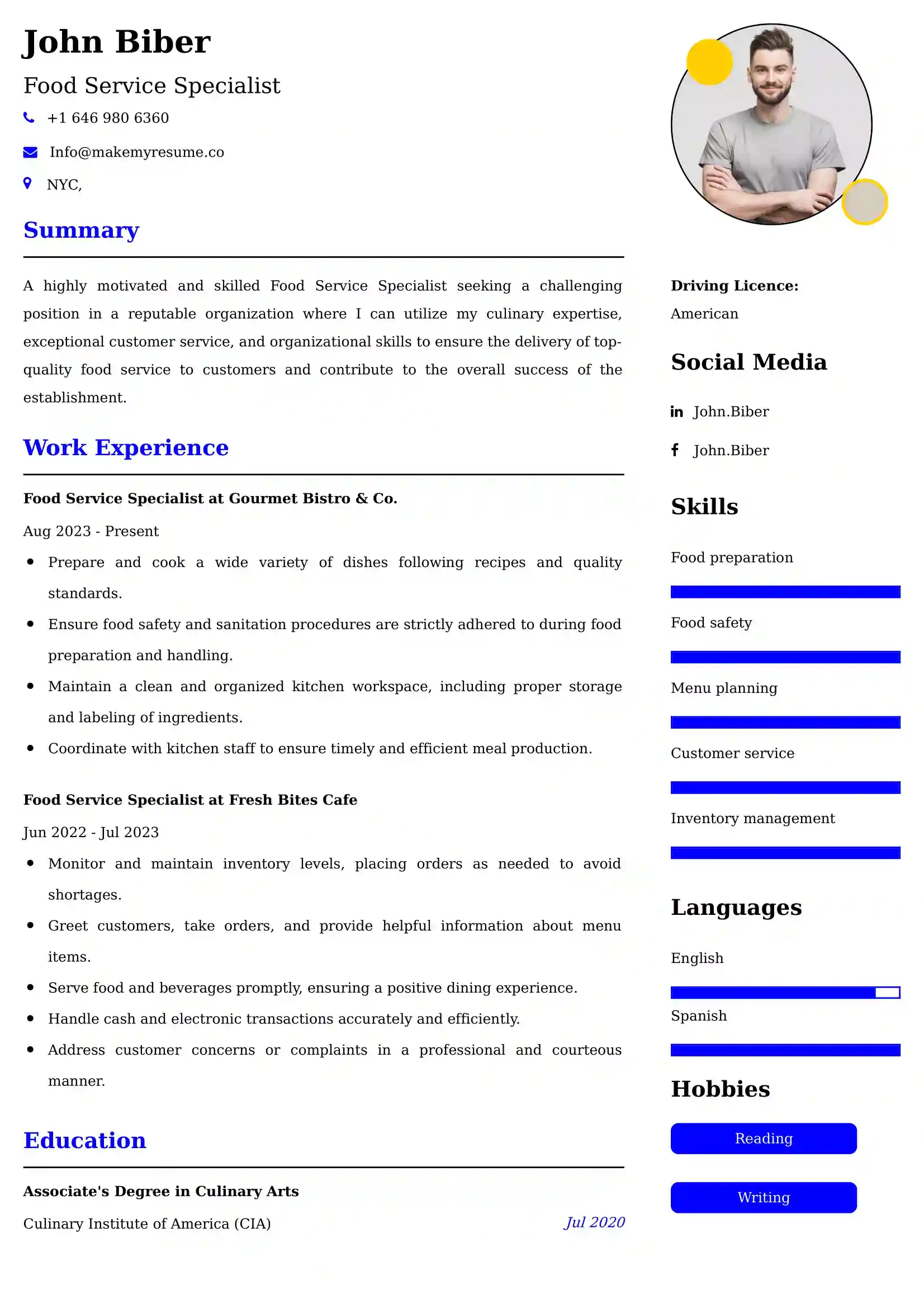 Food Service Specialist Resume Examples - Australian Format and Tips