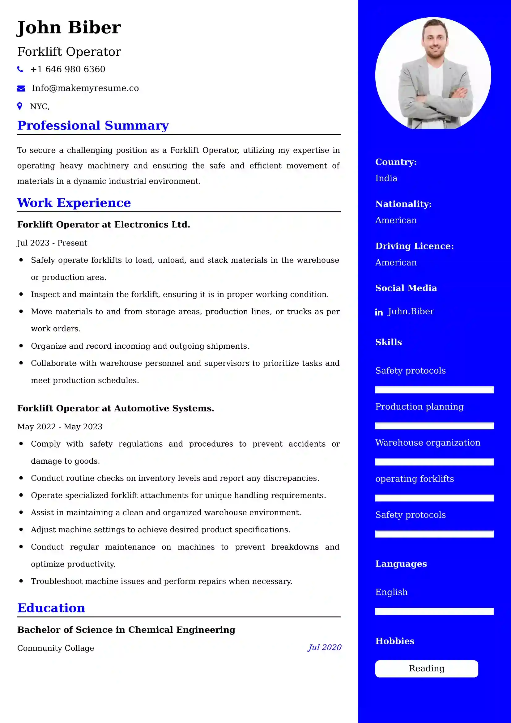 Forklift Operator Resume Examples - Australian Format and Tips