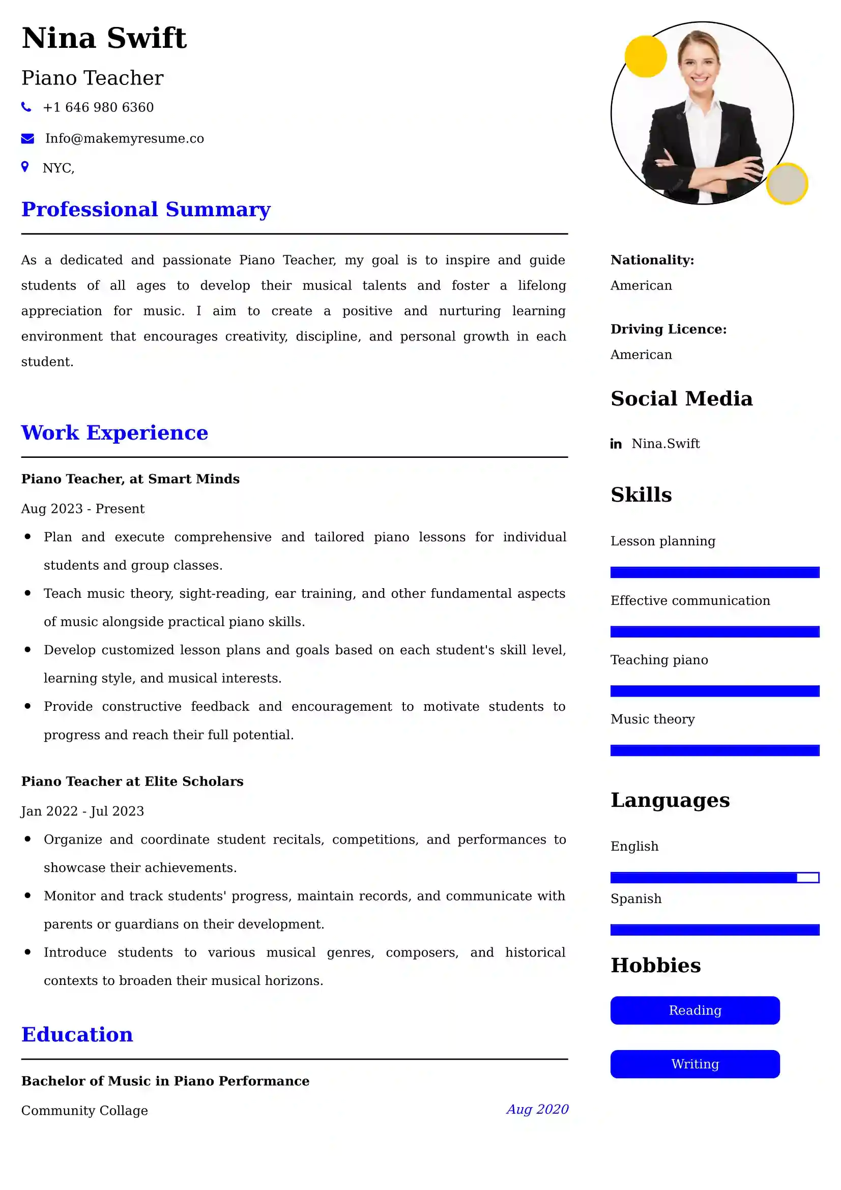 Piano Teacher Resume Examples - Australian Format and Tips
