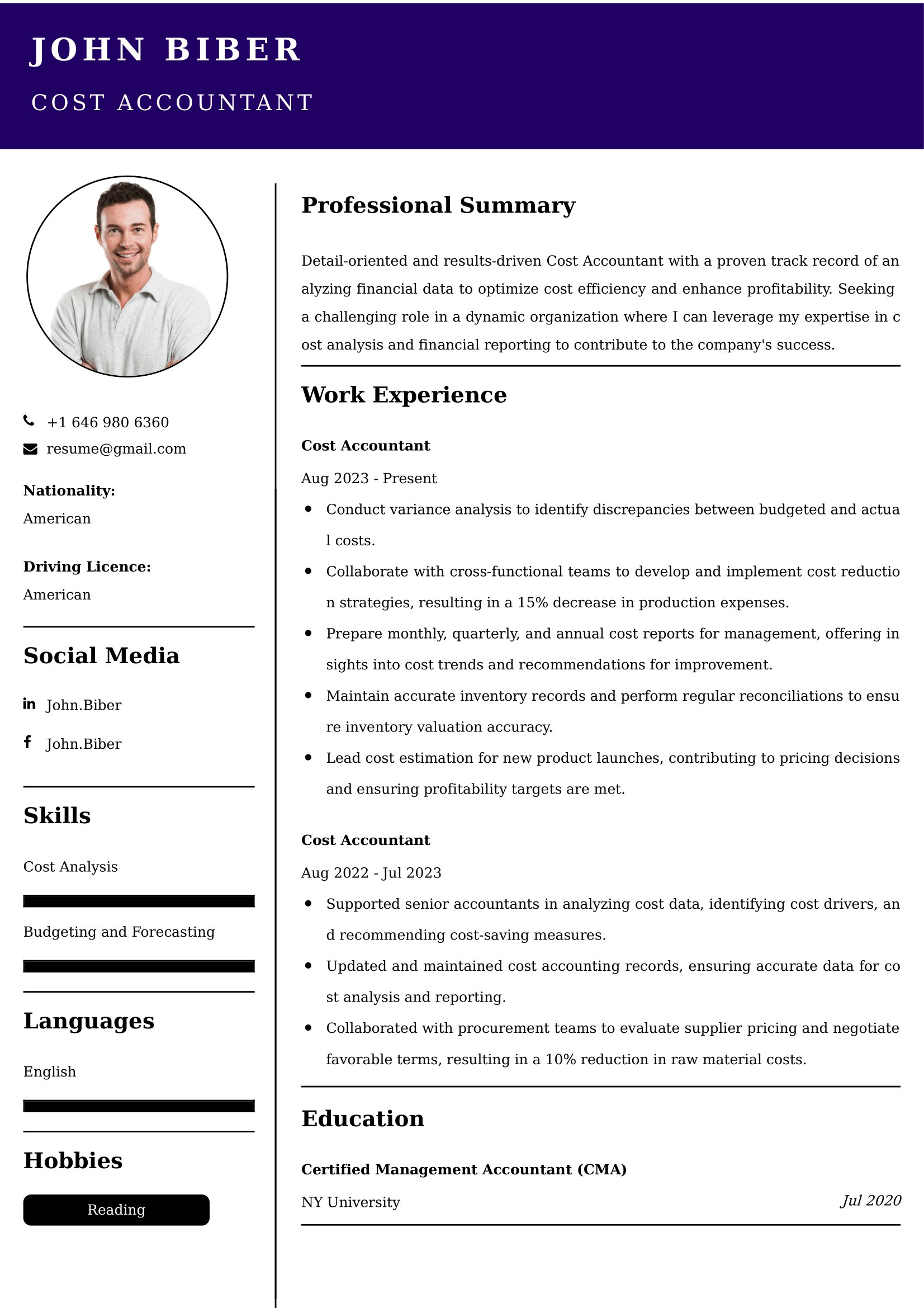 Cost Accountant Resume Sample