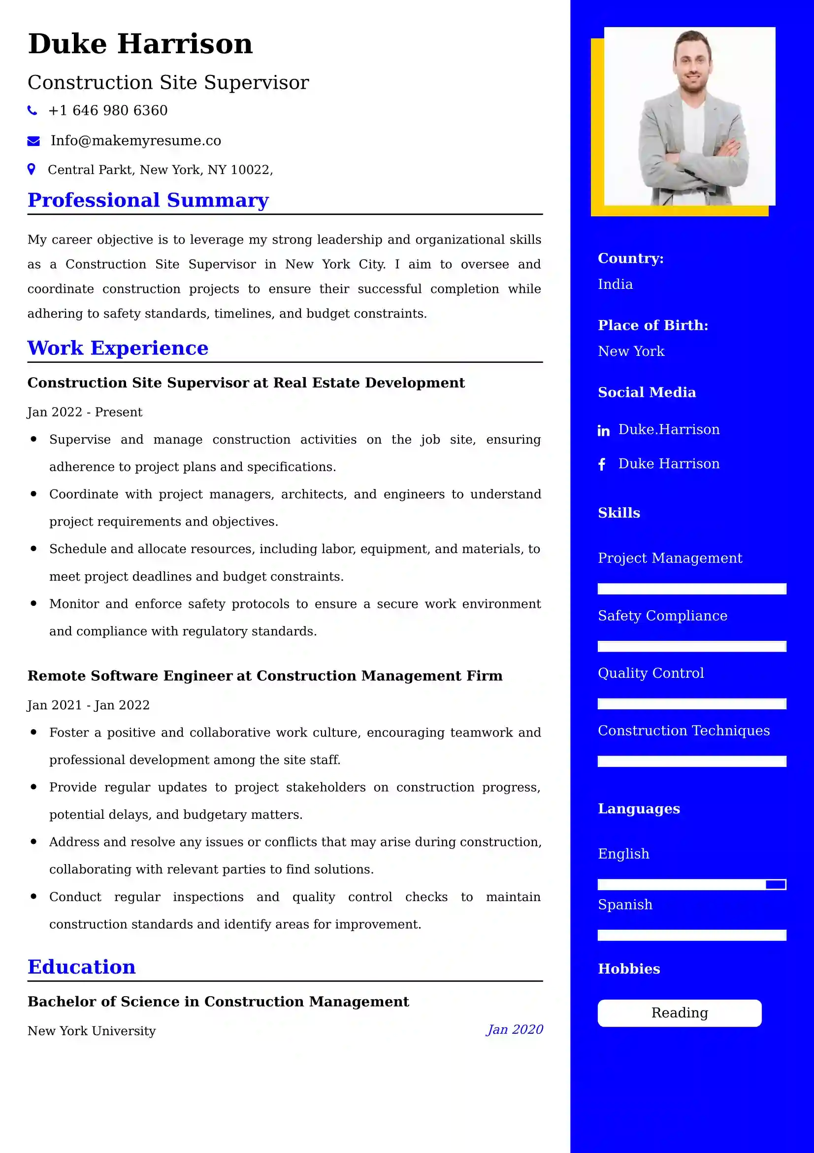 Construction Site Supervisor Resume Examples - Australian Format and Tips