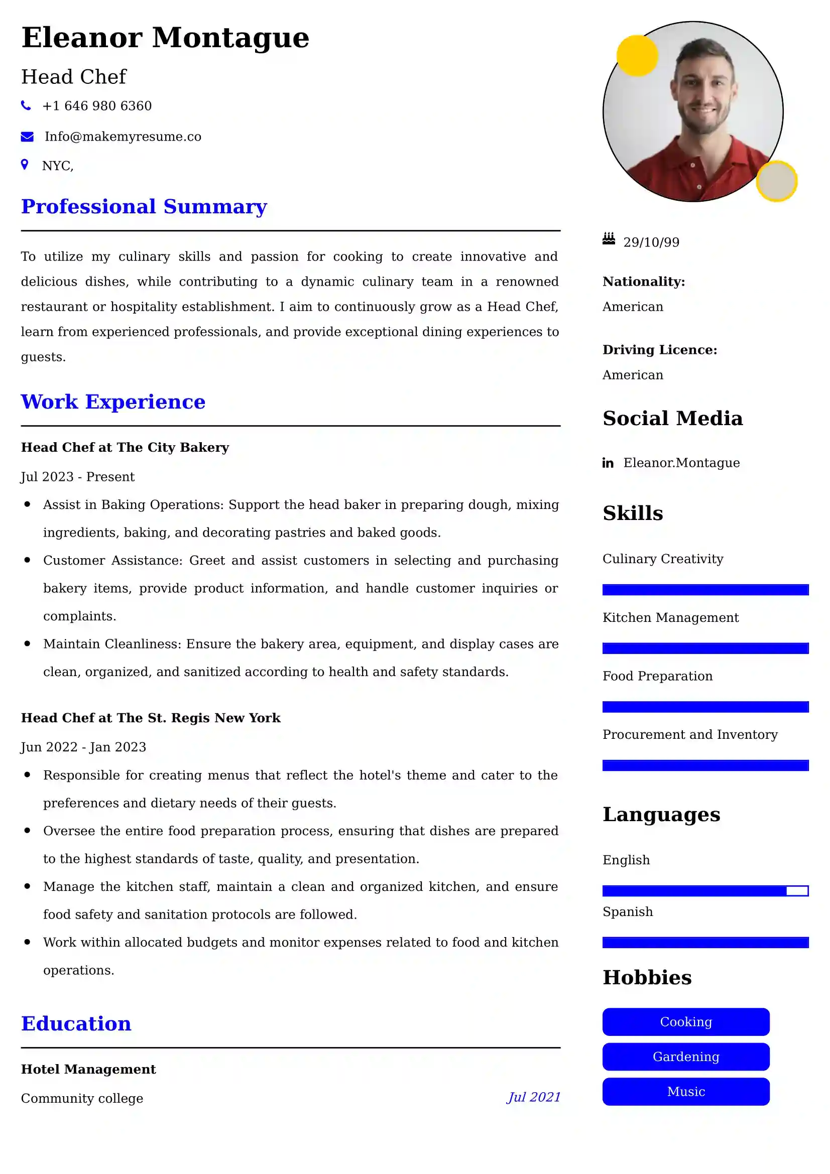 Head Chef Resume Examples - Australian Format and Tips