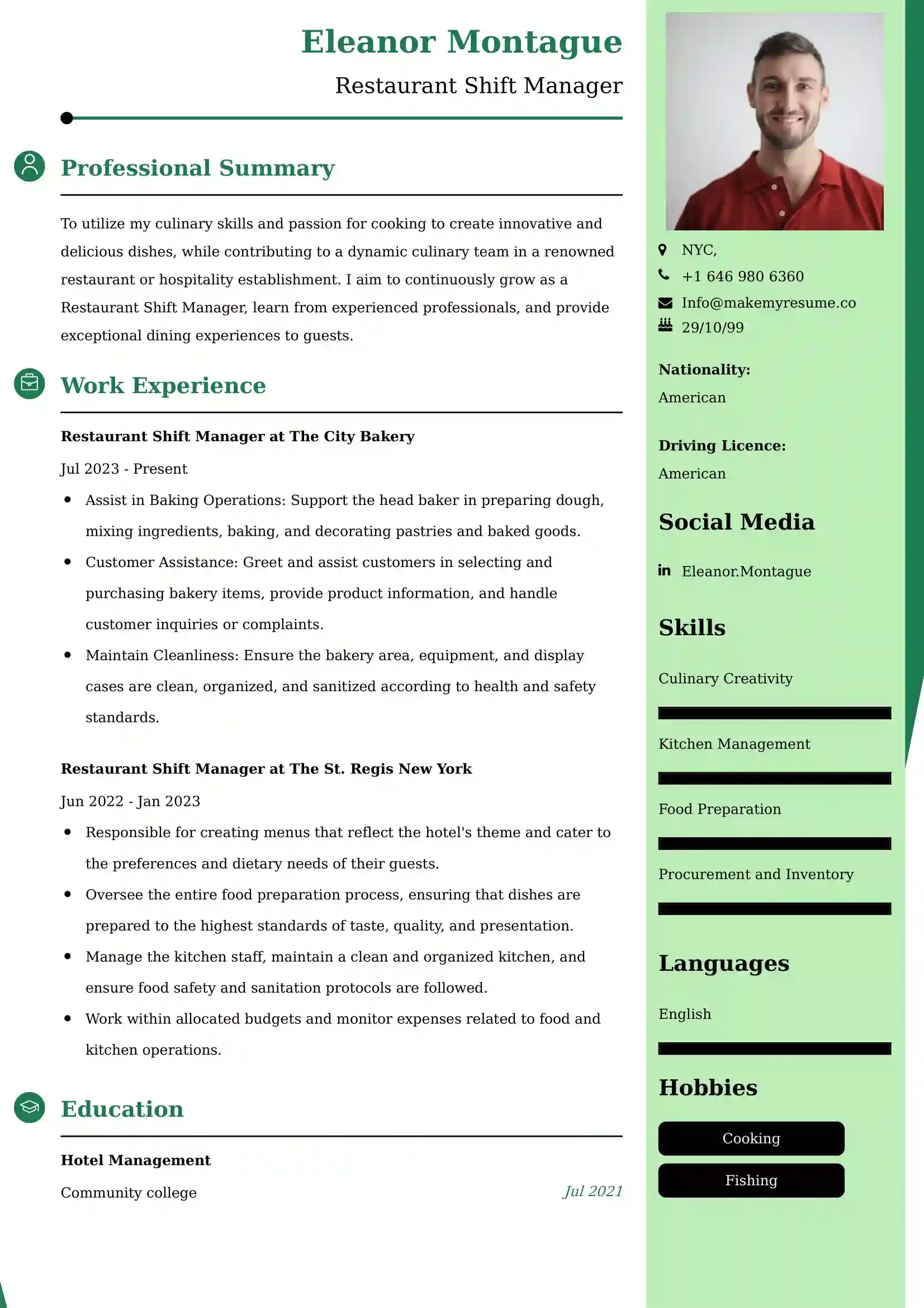 Restaurant Shift Manager Resume Examples - Australian Format and Tips