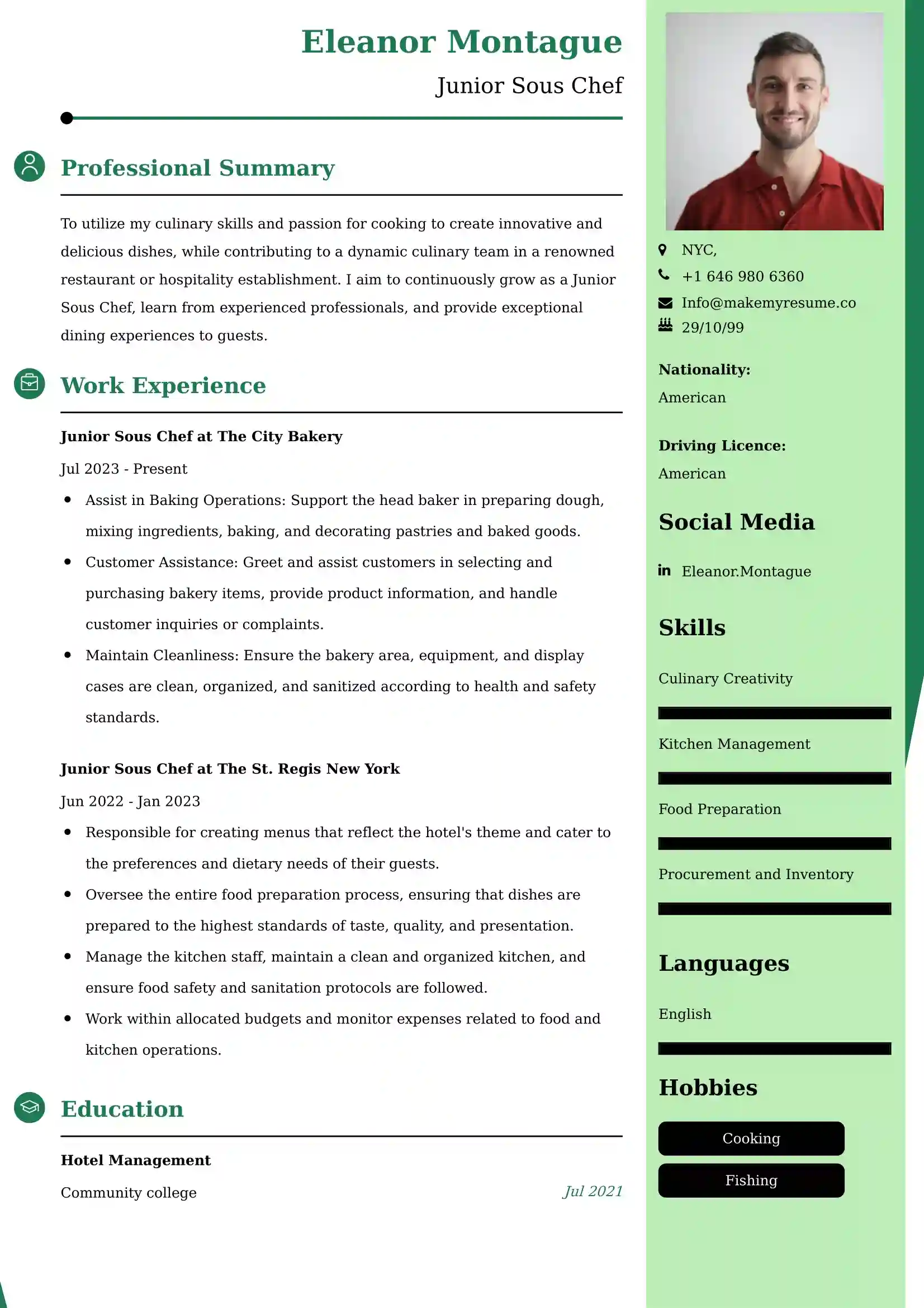 Junior Sous Chef Resume Examples - Australian Format and Tips