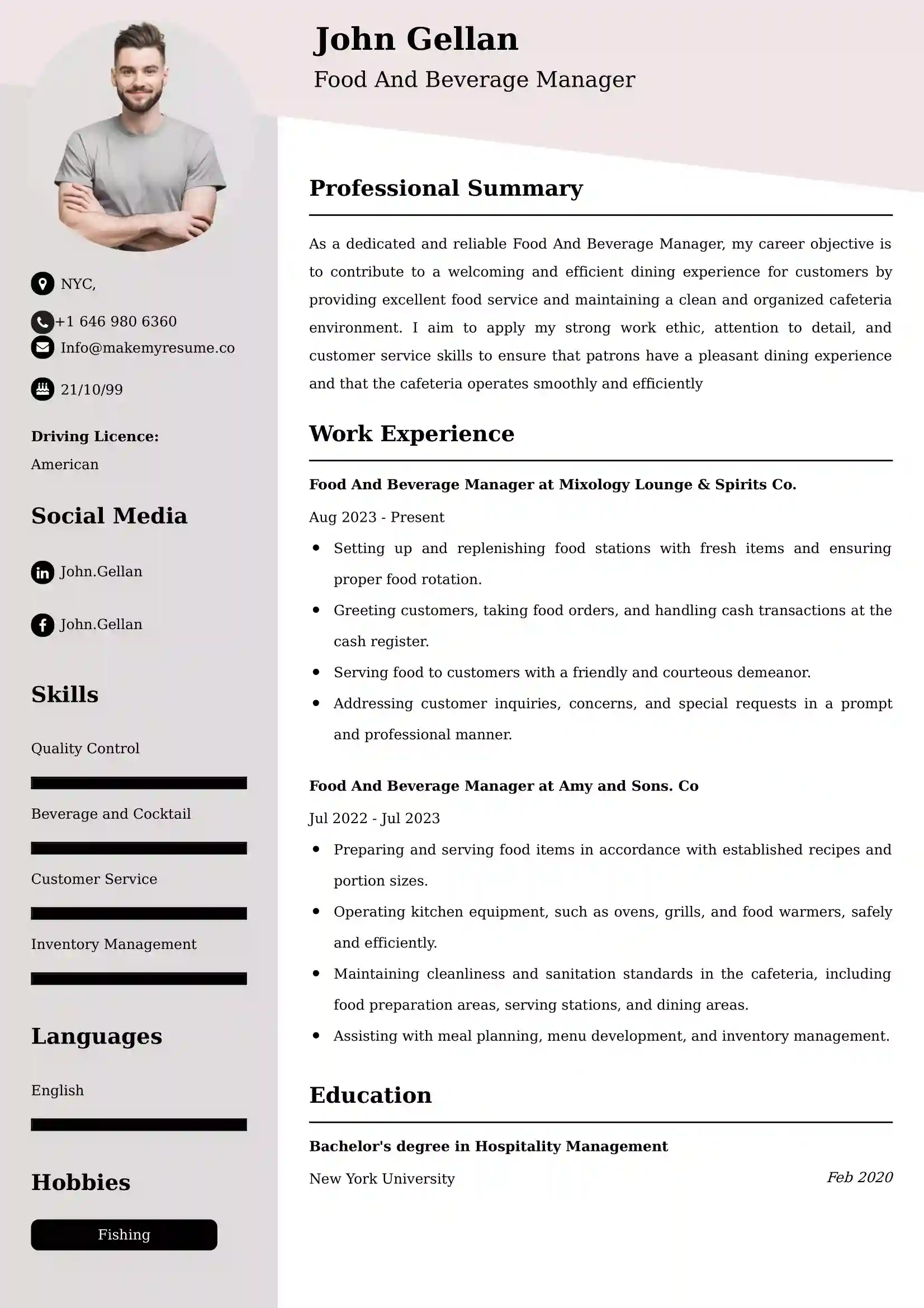Food And Beverage Manager Resume Examples - Australian Format and Tips
