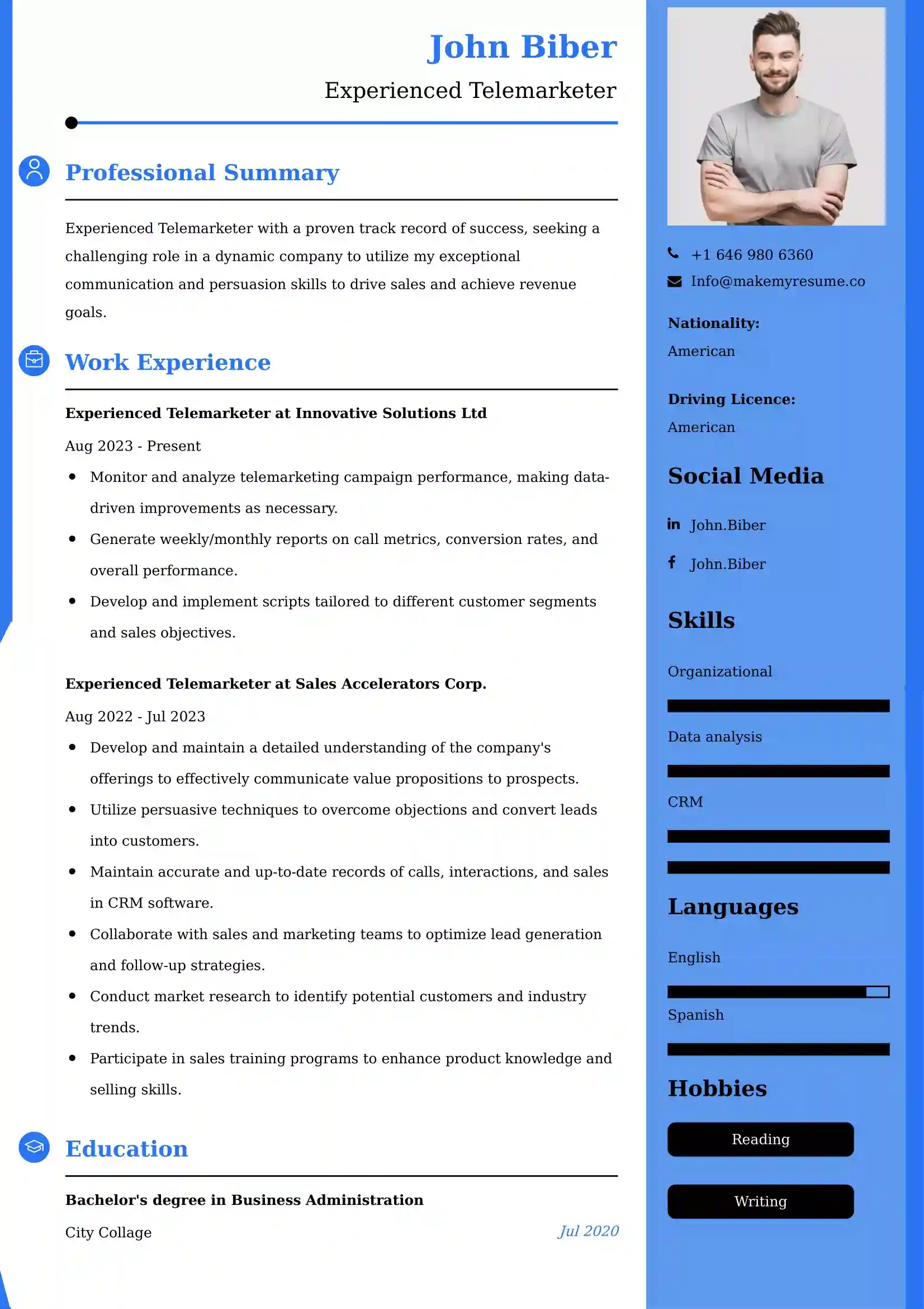 Experienced Telemarketer Resume Examples - Australian Format and Tips