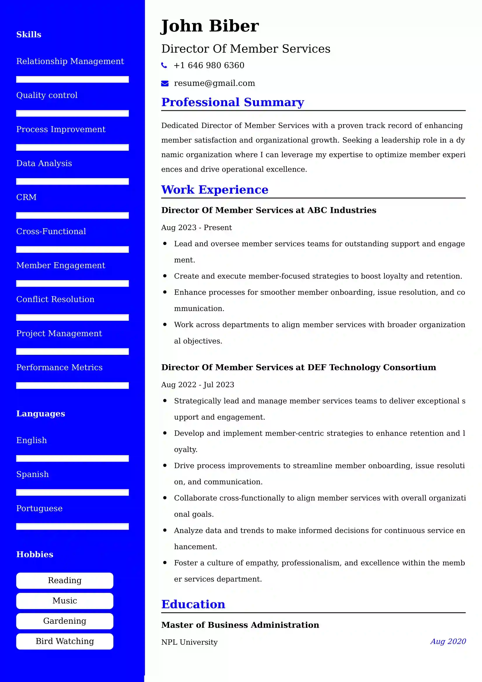 Director Of Member Services Resume Examples - Australian Format and Tips