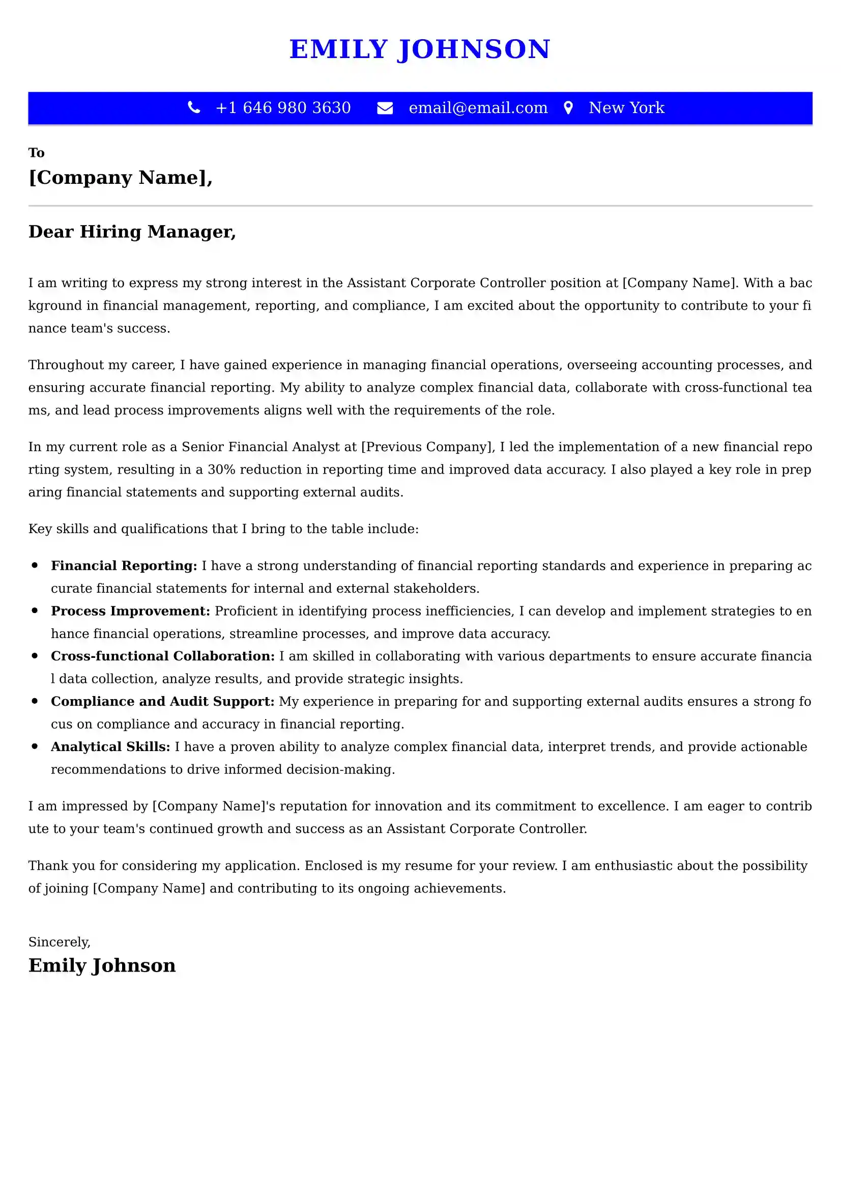 Assistant Corporate Controller Cover Letter Examples Australia