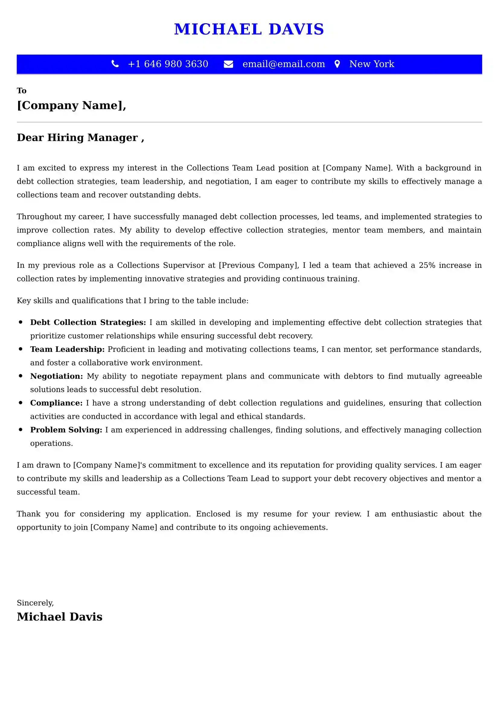 Collections Team Lead Cover Letter Examples Australia