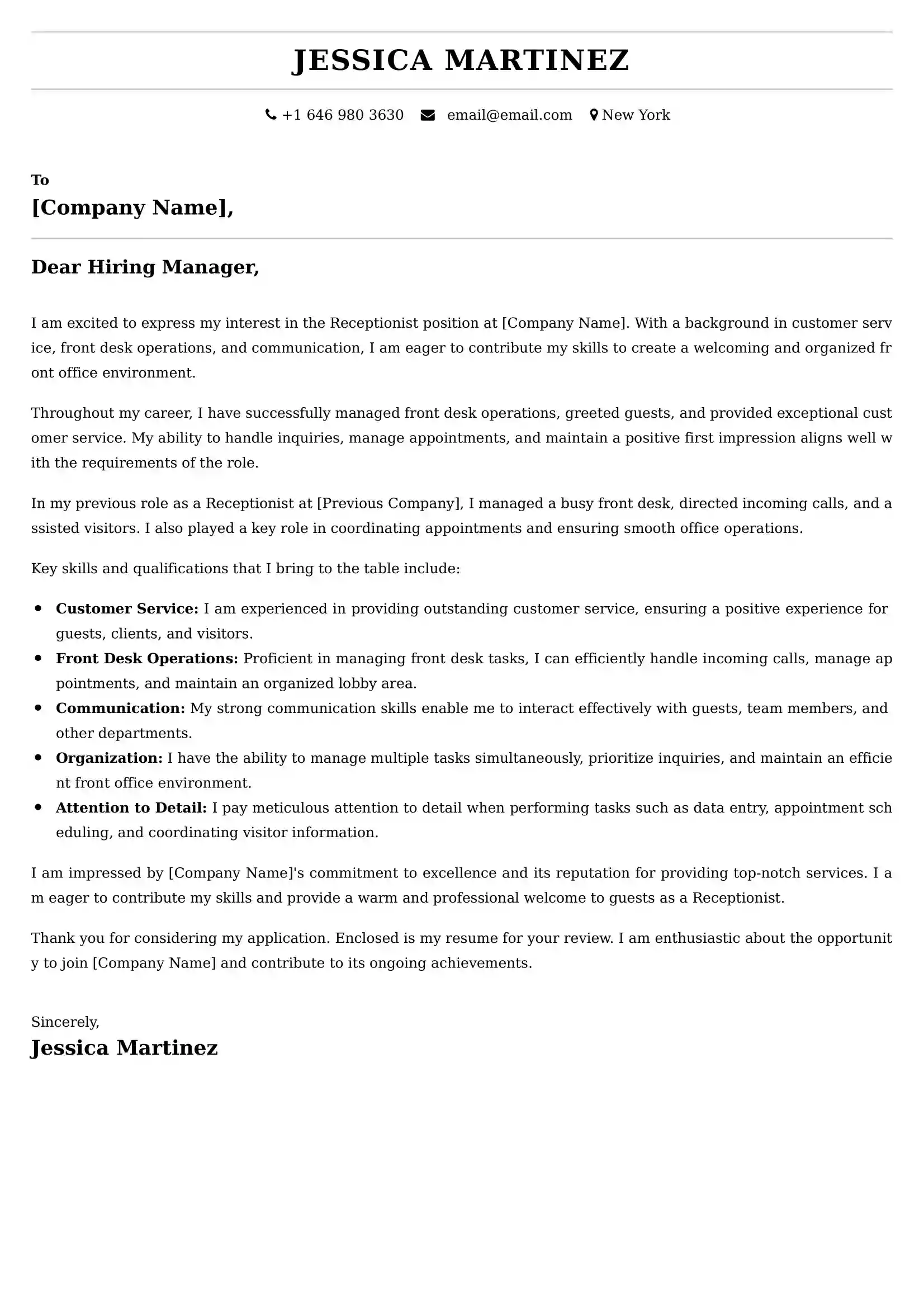Receptionist Cover Letter Examples Australia