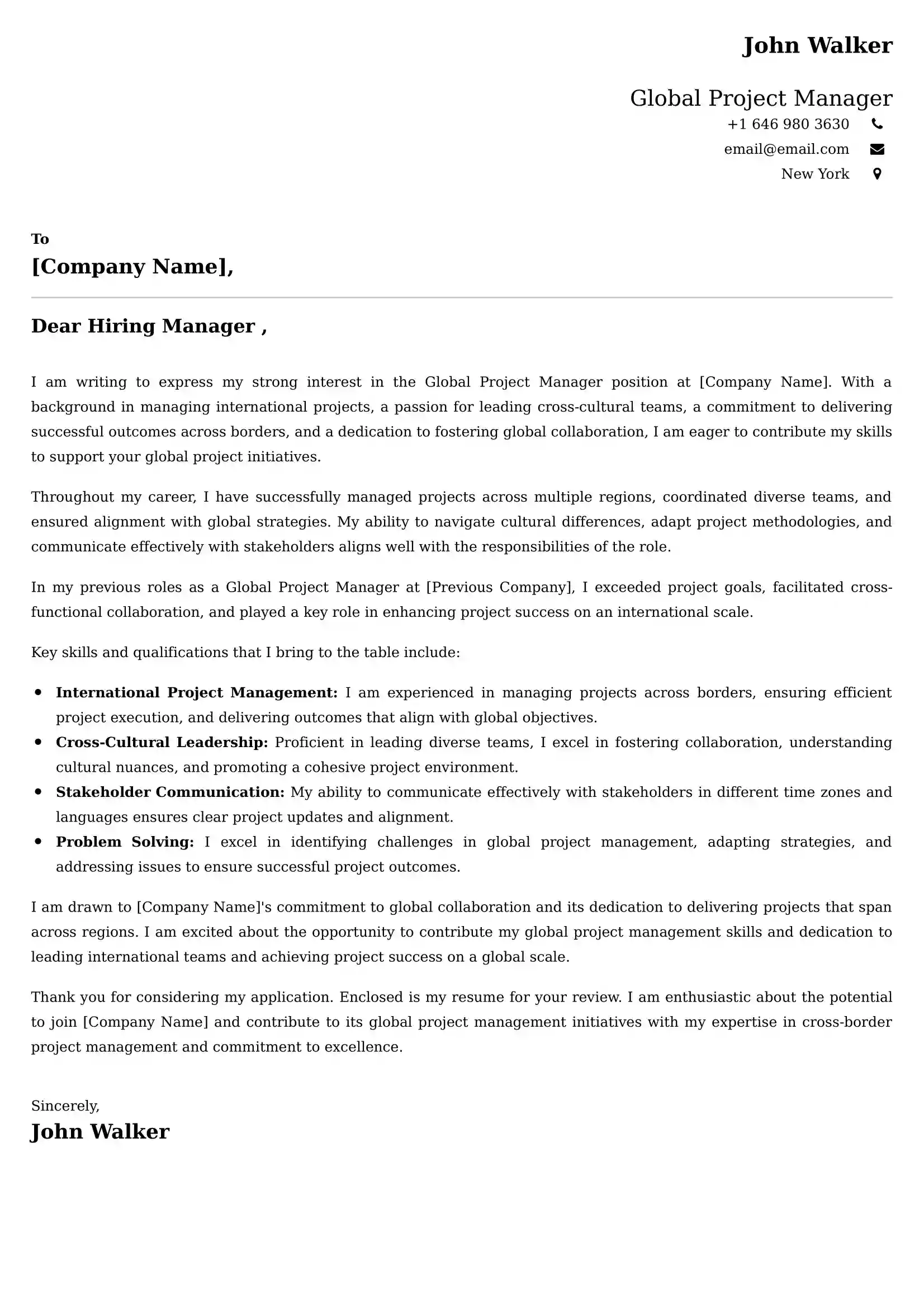 Global Project Manager Cover Letter Examples Australia
