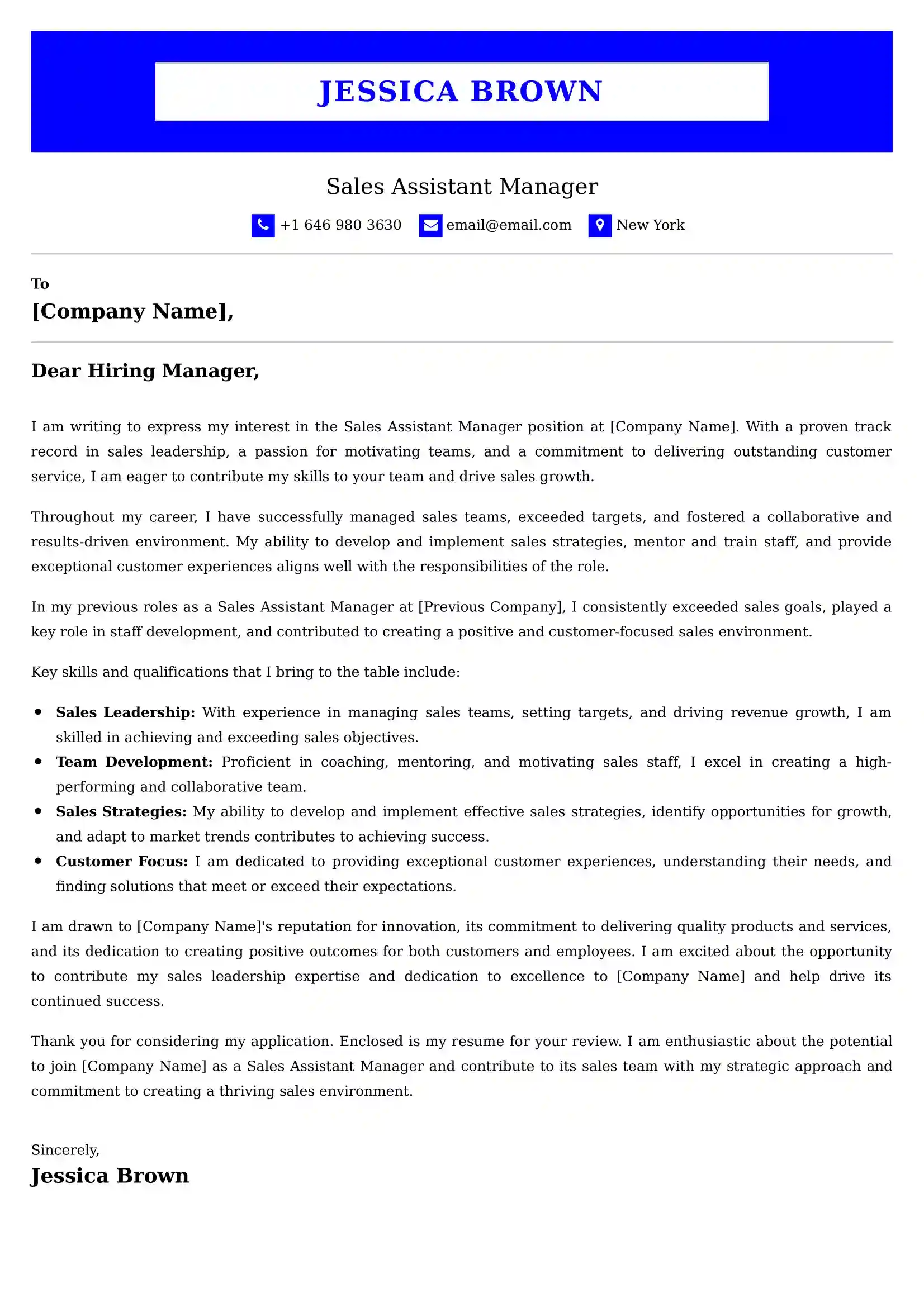 Sales Assistant Manager Cover Letter Examples Australia