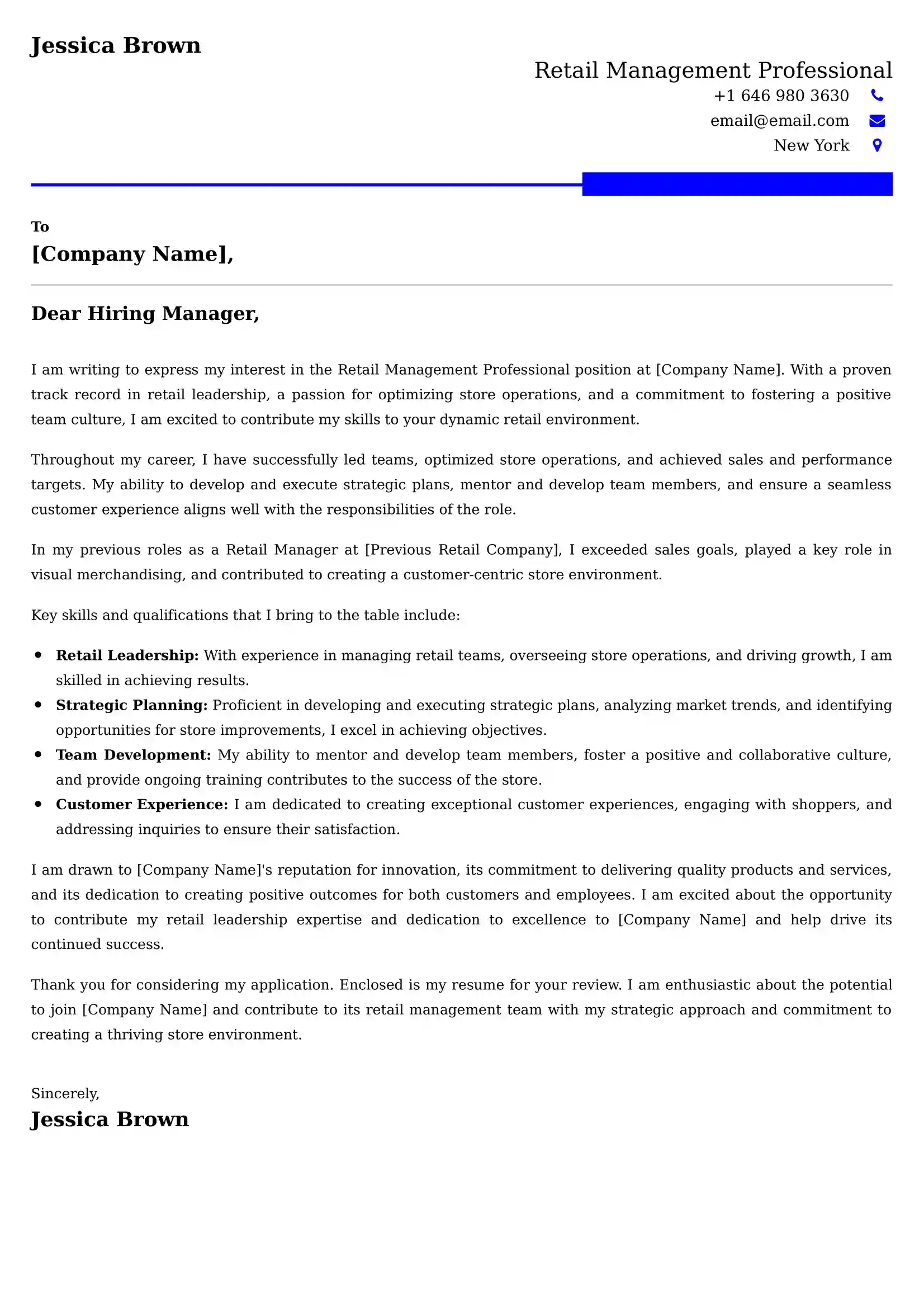Retail Management Professional Cover Letter Examples Australia