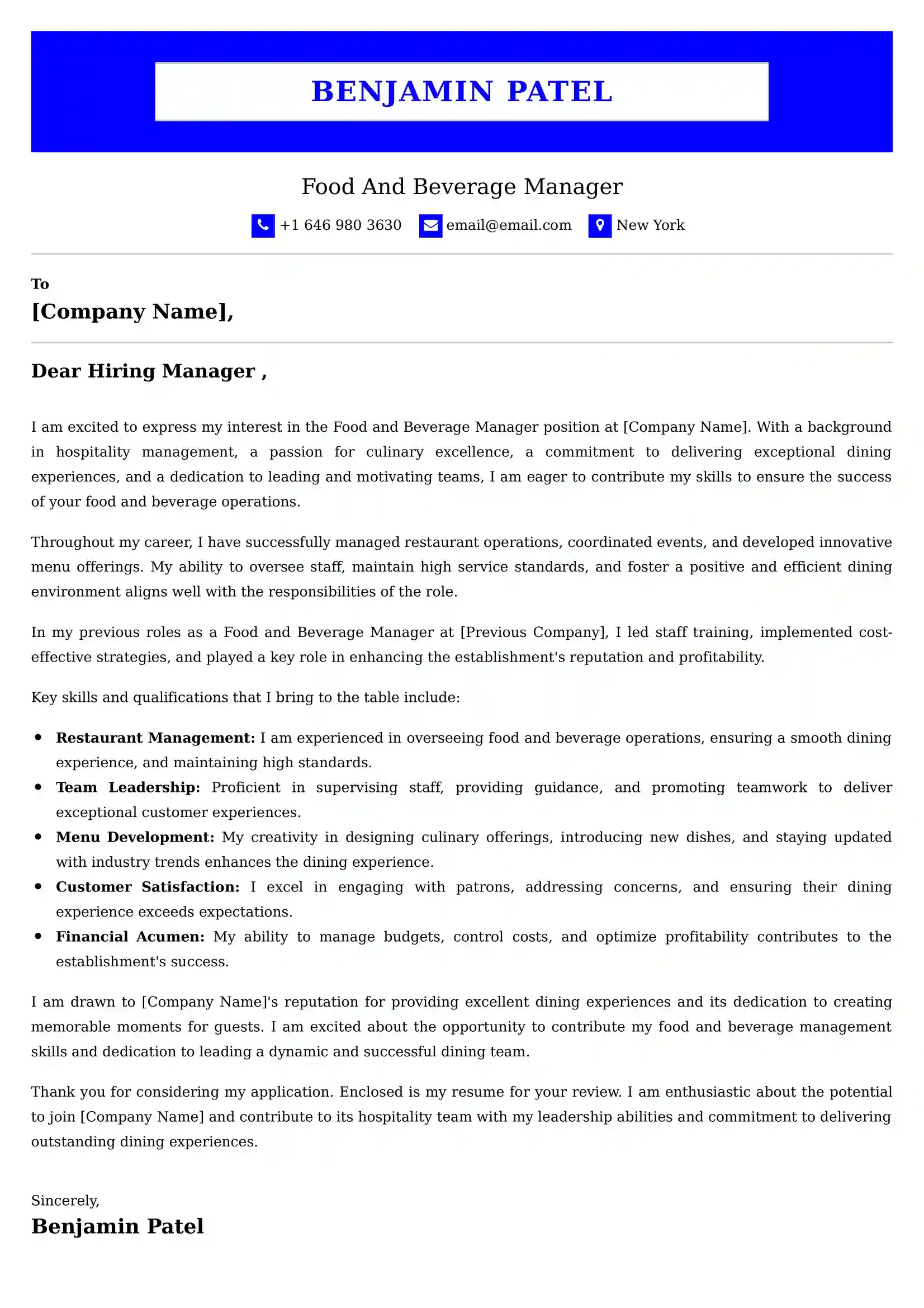 Food And Beverage Manager Cover Letter Examples Australia